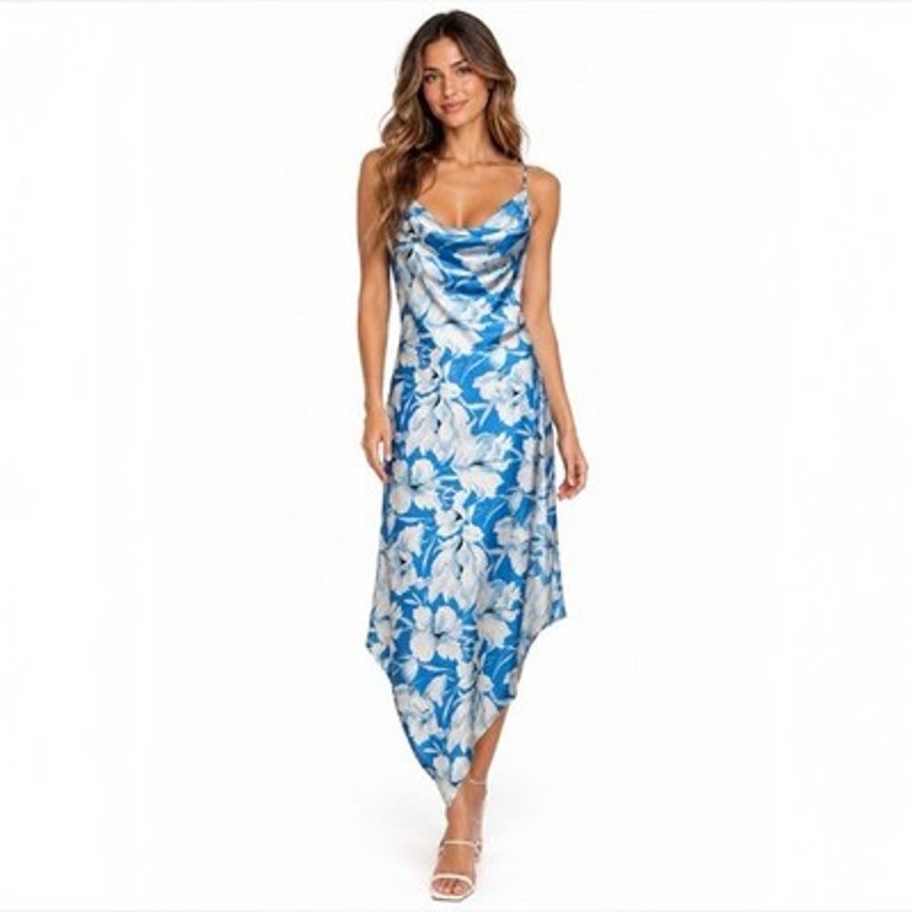 Steve Madden Womens Blue White Floral Slip Dress Y2K Asymmetrical Hem Size XL